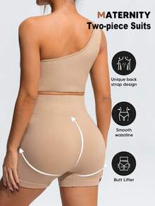 SHEIN Conjunto de sujetador deportivo de espalda nadadora y pantalones cortos de cintura alta de color liso simple para maternidad, ropa de trabajo Word Cup, gimnasio, marrón, verano, hospital - Caqui - Ver 2