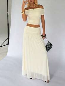 TRNVIE 两件套女士网纱杏白色露肩上衣和高腰长裙，秋冬季 - 杏色 - 查看 1