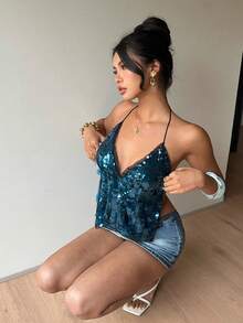 Siren Gaze Women Tie Backless Sequin Halter Top, 70s Retro Top, Summer Party Nightclub Style, Music Festival Island Vacation - Blue - View 5