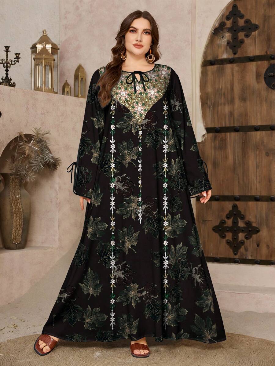 SHEIN Najma 复古金属质感树叶花卉印花V领系带大码连衣裙，优雅长袖春季长裙，端庄阿拉伯风格，适合度假和日常穿着 - 彩色 - 查看 1