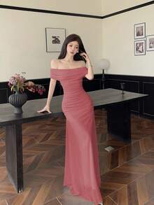 Modelyn Women's Off Shoulder Ruched Waist Elegant Wedding/Occasion Dress - Coral Pink - View 6