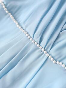 Franclia Blue Chiffon V-Neck Cap Sleeve Pearl Waist Pleated Dress / Elegant Long Dress With Graceful Design - Baby Blue - View 4