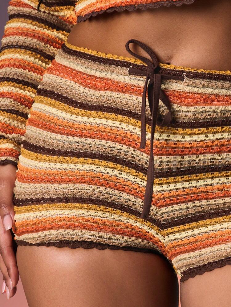 MISSGUIDED Multi Striped Crochet Knit Shorts With Drawstring Tie Waist And Button Front Closure For Summer