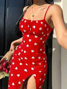 SHEIN EZwear Đầm midi hai dây xẻ tà in hình trái tim cho ngày Valentine - Đỏ và trắng - Xem 1