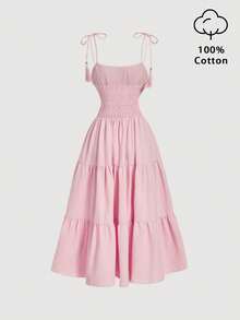 SHEIN MOD Đầm midi hai dây nhiều lớp xẻ tà, màu trơn, kiểu dáng thường ngày, có tua rua thắt nút ở vai, dành cho nữ, thích hợp cho mùa hè. - Hồng - Xem 4
