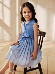 SHEIN A-Line Pleated Ombre Collar Young Girls Dress - Blue - View 6