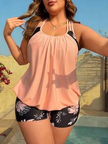 SHEIN Swim Lushore Plus Size Halter Neck Tankini Top And Floral Print Shorts 2-Piece Swimwear Set - Multicolor - View 2