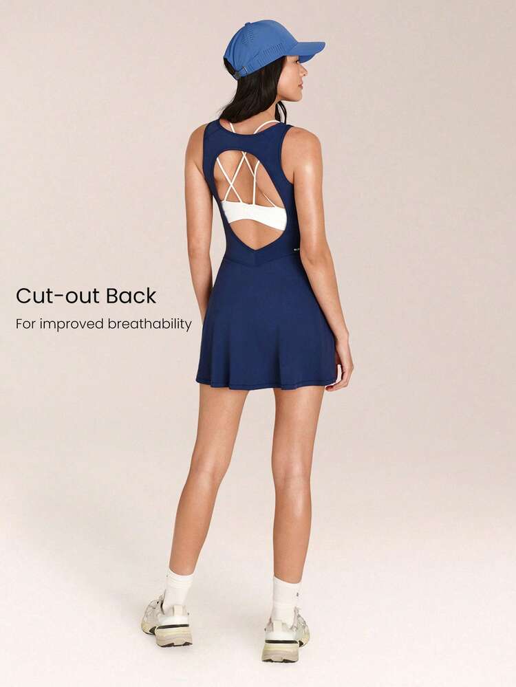 Everyday Moves Crewneck Drawstring Waist Open Back Side Split Hem Built-In Shorts Pockets Anti-Slip Grips Active Dress Daily Casual Street Wear