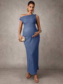 MaterniChic Elegant Maternity Party Solid Color Asymmetrical Shoulder Dress - Blue - View 7