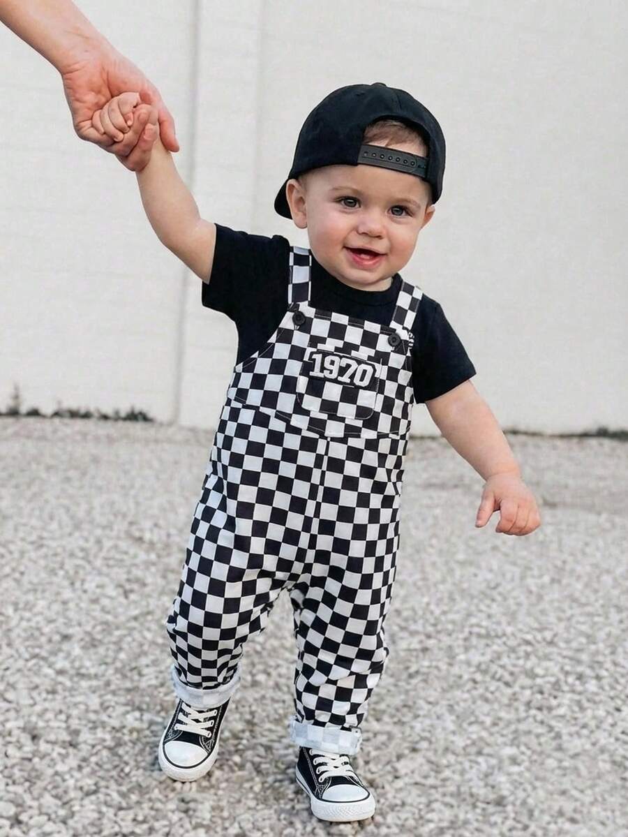 SHEIN Unisex Baby Checkered Suspender Pants, Casual & Cute, Spring/Summer Baby Boy Clothes, Streetwear - Black and White - View 1