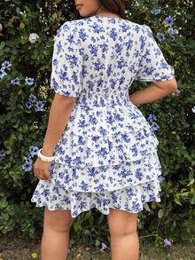 Sunnyshic Plus Size Floral Print Layered Ruffle Hem Casual Dress,White Summer Boho Bachelorette Party Tea Party Holiday,Cute Babydoll Curve High Tea Outfit - Blue and White - View 2