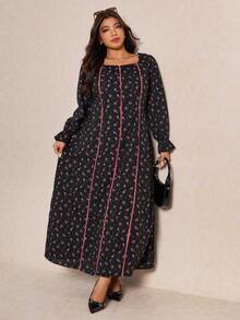 Elaquor Vestido Plus Size Floral Misterioso com Decote Quadrado e Mangas Compridas - Multicolorido - Ver 1