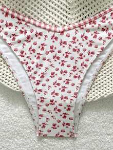 Swim Mod Bikini de estilo campestre con estampado floral y de cuadros, nuevo para la temporada de playa, fiesta y vacaciones. Conjunto de 2 piezas con parte superior de halter con contraste de color y Bottom con lazos laterales. Bikini de cerezas, bikini de flores, traje de baño de cerezas, traje de baño de flores, conjunto de bikini vintage, conjuntos de bikini, traje de baño acolchado de 2 piezas - Multicolor - Ver 5