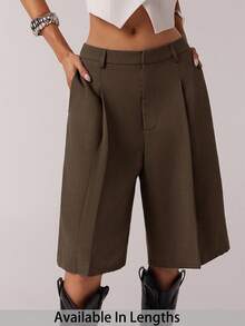 SHEIN PETITE CURVE Women's Minimalist Bermuda Shorts, Gray, Suitable For Commuting, Spring - Brown - View 1