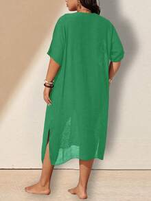 Swim Lushoire Plus Size Summer Vacation Hand-Crocheted Floral Knit Cover-Up Dress - Green - View 2