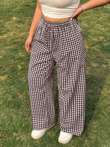 SHEIN EZwear 大码休闲格子松紧腰宽松裤 - 棕色 - 查看 1