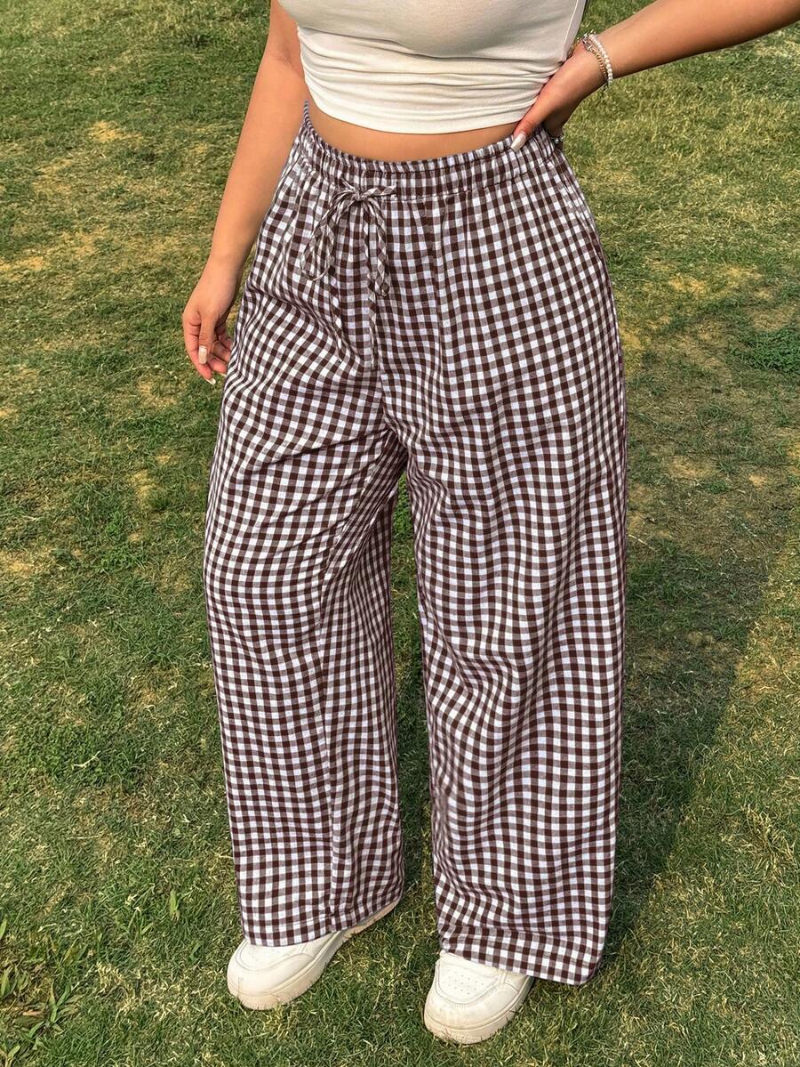SHEIN EZwear 大码休闲格子松紧腰宽松裤 - 棕色 - 查看 1