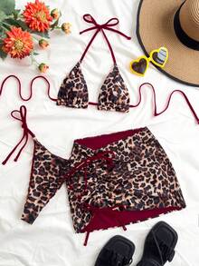 Soleia Conjunto de 3 piezas de bikini de talla grande para mujer con estampado de leopardo y contraste rojo - Burdeos - Ver 1
