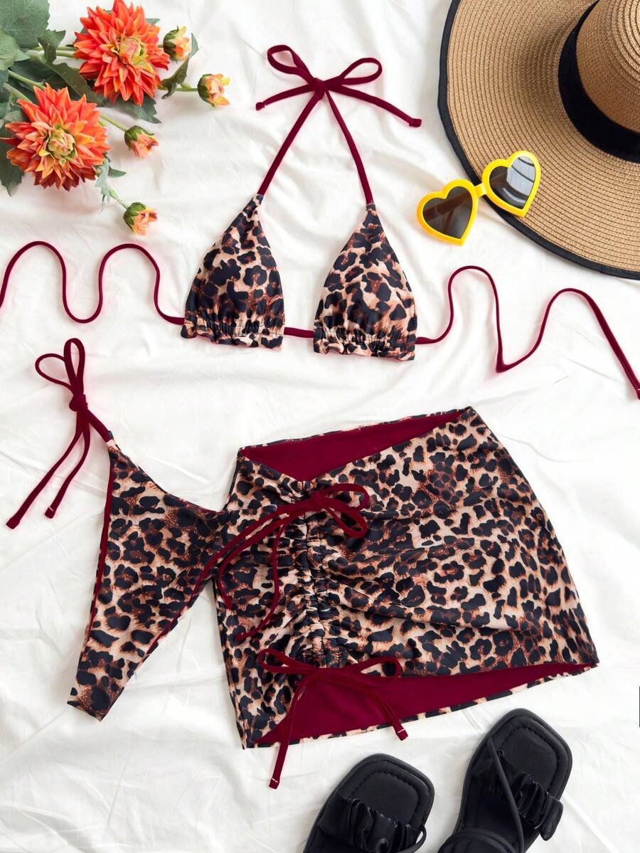 Soleia Conjunto de 3 piezas de bikini de talla grande para mujer con estampado de leopardo y contraste rojo - Burdeos - Ver 1