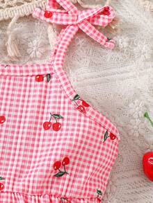 SHEIN Baby Girl Plaid Cherry Print Shoulder Bow Decor Jumpsuit - Pink - View 4