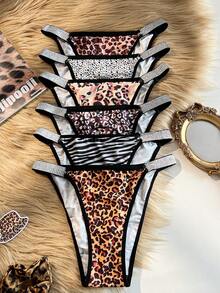 6条装女士豹纹斑马纹亮面弹力腰带三角裤 - 彩色 - 查看 1