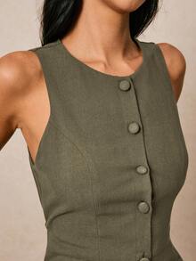 Poéselle Solid Color Front Button Crew Neck Casual Sleeveless Dress Sage Dress Women Womens Midi Dress Army Green Dress Women Khaki Dress Women Olive Dress - Army Green - View 4