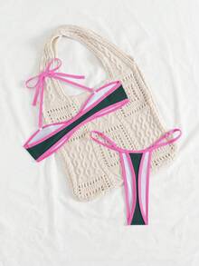 Swim SXY 女士撞色滚边细肩带可拆卸肩带丁字裤比基尼两件套泳衣 - 彩色 - 查看 2