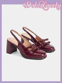 Dola Lovely Glossy Wine Red Thick Heel Double Bow Tie Backstrap Open Toe High Heel Shoes, Suitable For JK Uniform, Commute, Daily, Campus Fashion, Versatile, Lolita Style Fairycore - Red - View 3