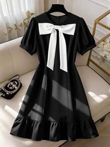 GlowEve CURVE Rochie midi cu guler rotund și decorațiuni cu funde, mărime plus, pentru femei - Negru - Vizualizare 3