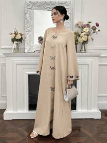 Yasmyna Women's Turkish Maxi Dress With Butterfly Pattern, Arabic Traditional Long Robe - Khaki - View 6