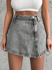 EURMUSE 100% Pure Cotton Rigid Denim Skirt With Split Design - Grey - View 7