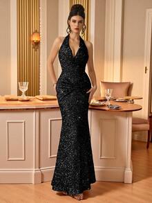 Coutiva Vestido elegante de manga larga con lentejuelas, vestido de gala de alta gama - Negro - Ver 1