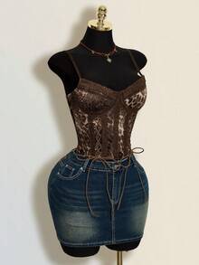 SHEIN ICON ملابس علوية كروب ضيق بحمالات رفيعة مع ربطة أمامية بطبعة نمر، صيفي - متعدد الألوان - مشاهدة 13