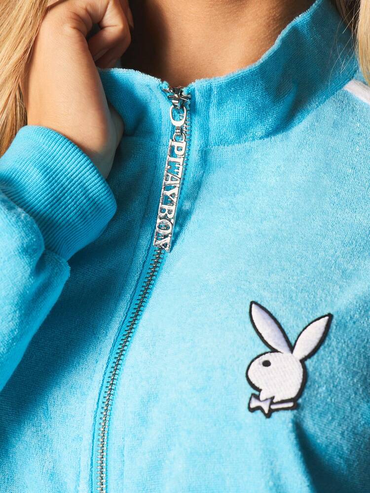 Missguided x Playboy Bluza z nadrukiem frotte z suwakiem, białymi paskami po bokach i logo królika, luźna, domowa kurtka dresowa