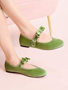 CUCCOO DOLLMOD French Word With Velvet Bow Mary Jane Female Retro Comfortable Women Wear Flat Dance Ballet Shoes Soft Sole Grandma Shoes Valentine's Day - Olive Green - View 1