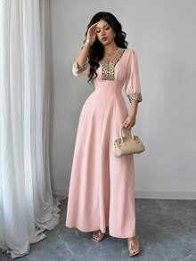 Elenzga 时尚新款女士杏色V领泡泡袖刺绣珍珠装饰修身中长连衣裙，适合日常穿着、婚礼、晚宴、通勤、毕业派对、节日、约会、聚会、万圣节、圣诞节、新年、感恩节、婚礼等场合。 - 粉色 - 查看 4
