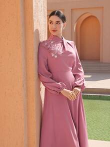 Graceveil Elegant Stand Collar Cinched Waist Flared Long Sleeve Applique Dress For Women - Pink - View 2