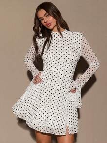 SHEIN BAE 波点印花开衩领优雅长袖迷你连衣裙 - 白色 - 查看 6