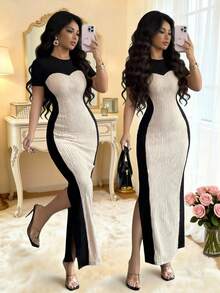 Rafferiza 女士优雅黑色杏色纹理圆领收腰修身侧开衩连衣裙 - 彩色 - 查看 4