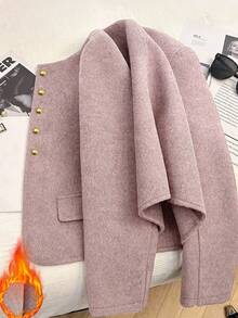 Franclia Plus Size Women's Elegant Winter Long Sleeve Thick Woolen Jacket,Gold Button Formal Commuter Cardigan,French Style Round Neck Knitted Blazer Overcoat - Baby Pink - View 1