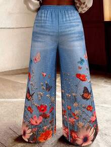 Maweii Plus Size Boho Blue Floral Butterfly Imprinted Long Wide Leg Woven Fabric Pants - Blue - View 2