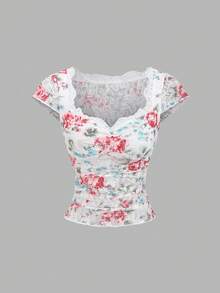 Sweetra Áo thun nữ in ren, kiểu dáng thường ngày, phong cách đường phố sành điệu, ôm sát, thoải mái, thích hợp cho kỳ nghỉ, mùa xuân/hè. - Nhiều màu - Xem 6