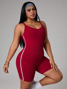 SHEIN Sports 大码女式露背交叉设计连体衣 - 玫紅色 - 查看 5