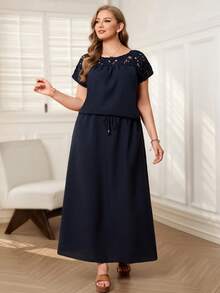 EMERY ROSE 2pcs Set Plus Size Women's Summer Casual Navy Blue Lace Trim Back Design Shirt Top And Long Skirt Two Pieces Set With Pockets, Tea Party Holiday Outfits - Navy Blue - View 6