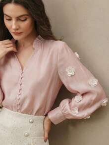 Anewsta 优雅粉色3D立体花卉V领系带女式衬衫 - 粉色 - 查看 4