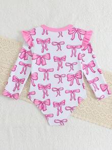 SHEIN Young Girls' Pink Bow Print Long Sleeve One-Piece Swimsuit,Summer Beach Holiday Thermal Spring Modest Rash Guard Swimwear Bathing Suits For Kids - Baby Pink - View 3