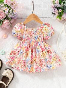 SHEIN Playful Pals Baby Girls' Floral Ruffled Bubble Short Sleeve Square Neck Dress, Spring/Summer - Red - View 2