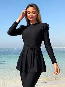 Swim Mulvari 2pcs Women's Black Burkini Set With Separate Belt, Burkini Top With Ruffle Trim And Fitted Pants, Spring/Summer Swimwear Women Two Pieces Outfit Casual Women Vacation Outfit Sets Women's Holiday Co-Ord Winter Two Pieces For Ladies Yacht Outfit Women Holiday Outfits For Women Beach Wear Women's Holiday Co Ord Santorini Outfit For Women Holiday Outfits For Women Egypt - Black - View 6