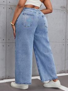 Slaydiva Jeans casual e ampi con decorazione a croce di strass, adatti per uso quotidiano - Blu - Visualizzare 3