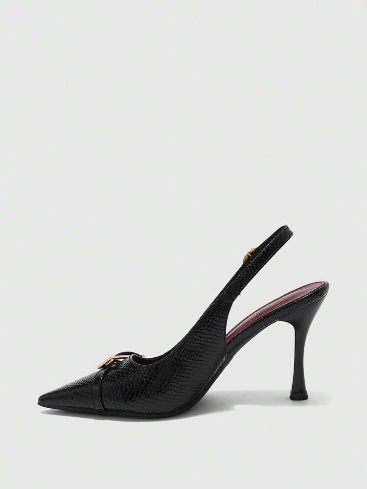 CUCCOO BIZCHIC Spring And Autumn Black Leather Pointed Heel Slingback Button Design Stylish And Elegant Women's High Heel Shoes